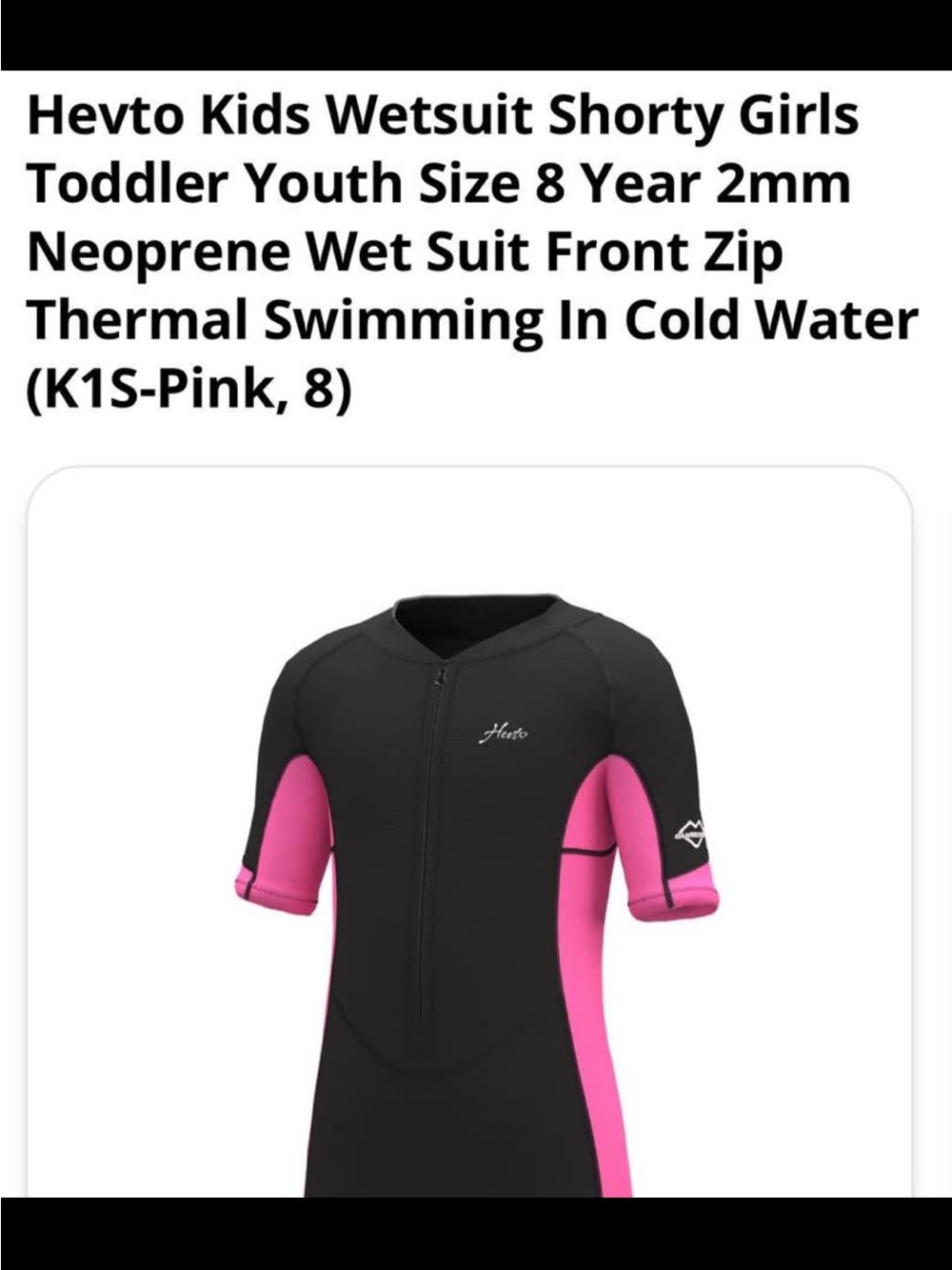 Girls Shorty Neoprene Wetsuit - Black & Pink, Size 8